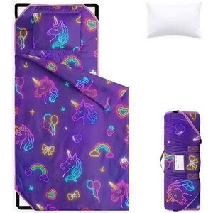 Wake In Cloud Cot Nap Mat with Pillow and Blanket, Neon Unicorn Dark Purple